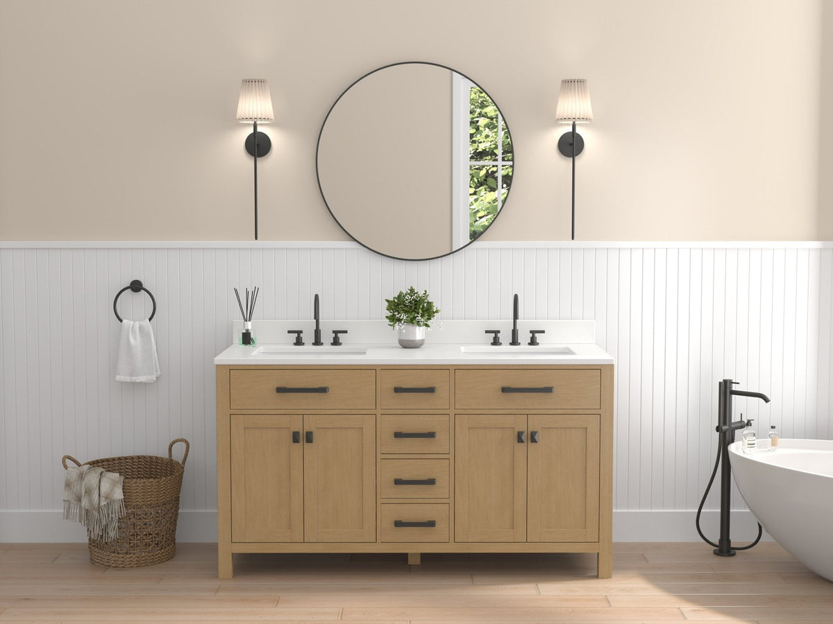 60 Inch Aged Oak Finish Rella Double Sink Bathroom Vanity With White Quartz Top