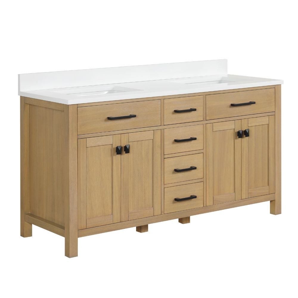 60 Inch Aged Oak Finish Rella Double Sink Bathroom Vanity With White Quartz Top