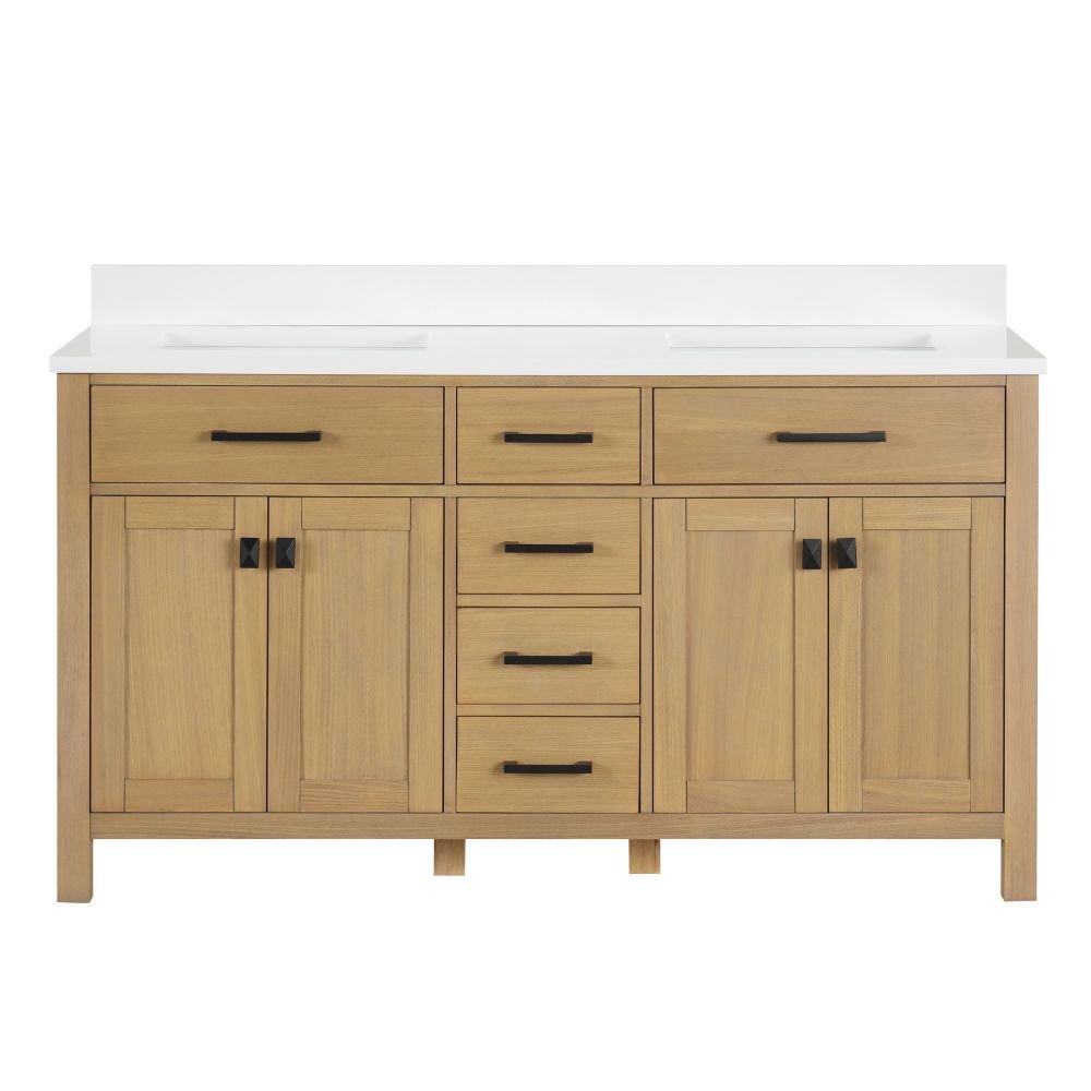 60 Inch Aged Oak Finish Rella Double Sink Bathroom Vanity With White Quartz Top