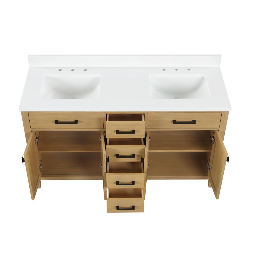 60 Inch Aged Oak Finish Rella Double Sink Bathroom Vanity With White Quartz Top