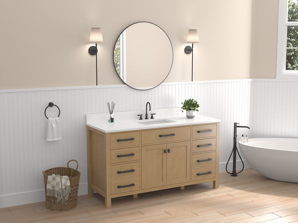 60 Inch Aged Oak Finish Rella Single Sink Bathroom Vanity With White Quartz Top