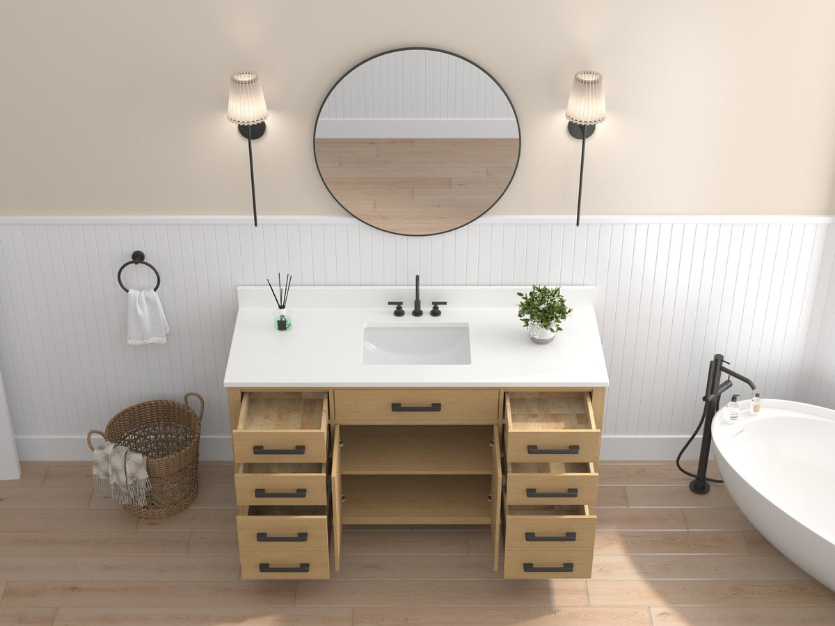 60 Inch Aged Oak Finish Rella Single Sink Bathroom Vanity With White Quartz Top