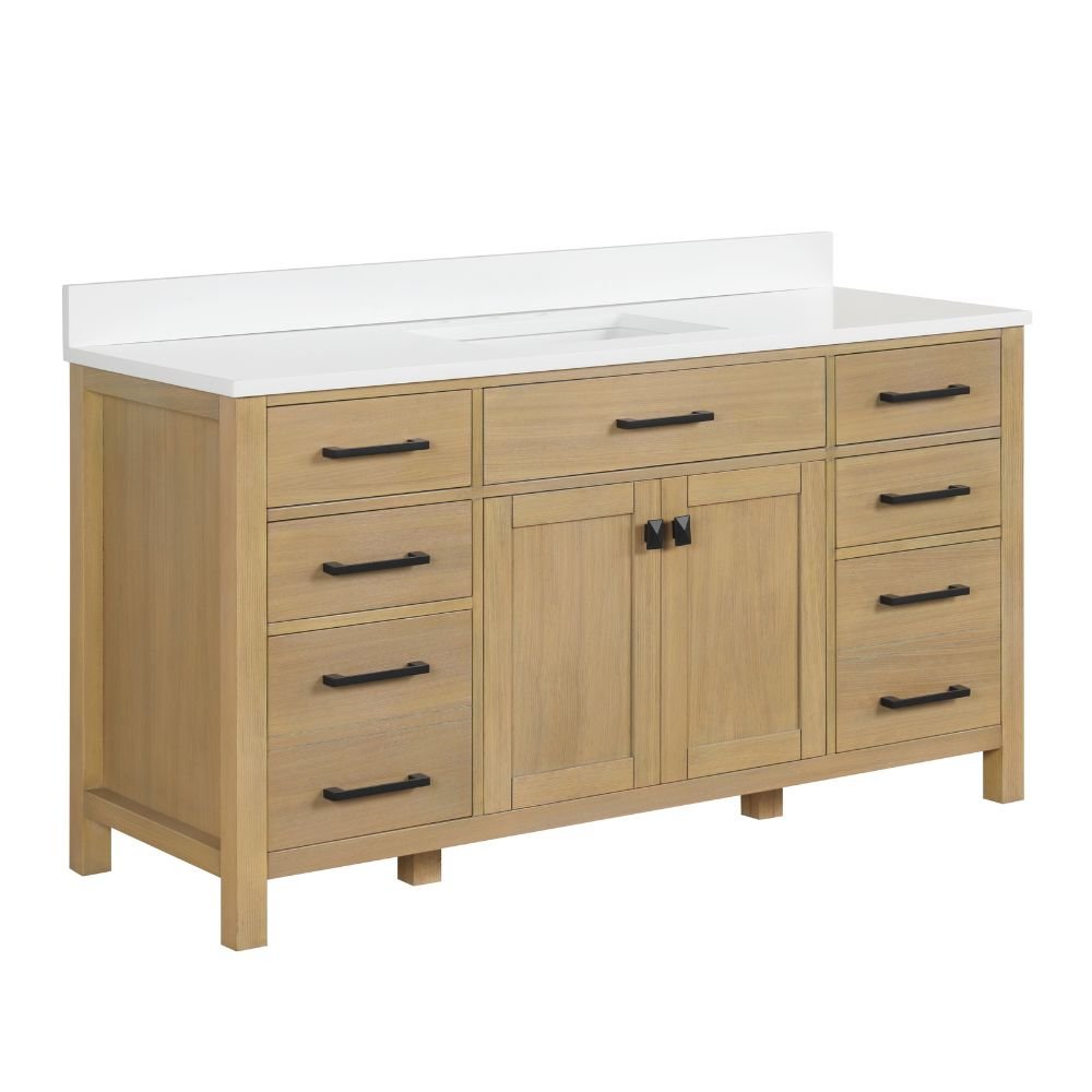 60 Inch Aged Oak Finish Rella Single Sink Bathroom Vanity With White Quartz Top