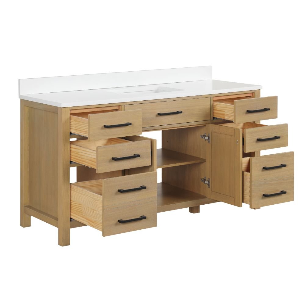 60 Inch Aged Oak Finish Rella Single Sink Bathroom Vanity With White Quartz Top