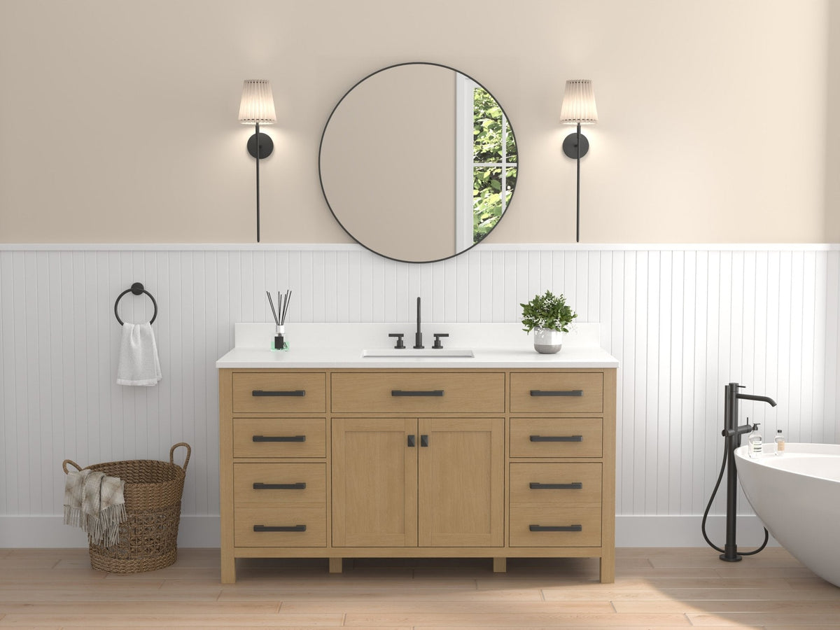 60 Inch Aged Oak Finish Rella Single Sink Bathroom Vanity With White Quartz Top