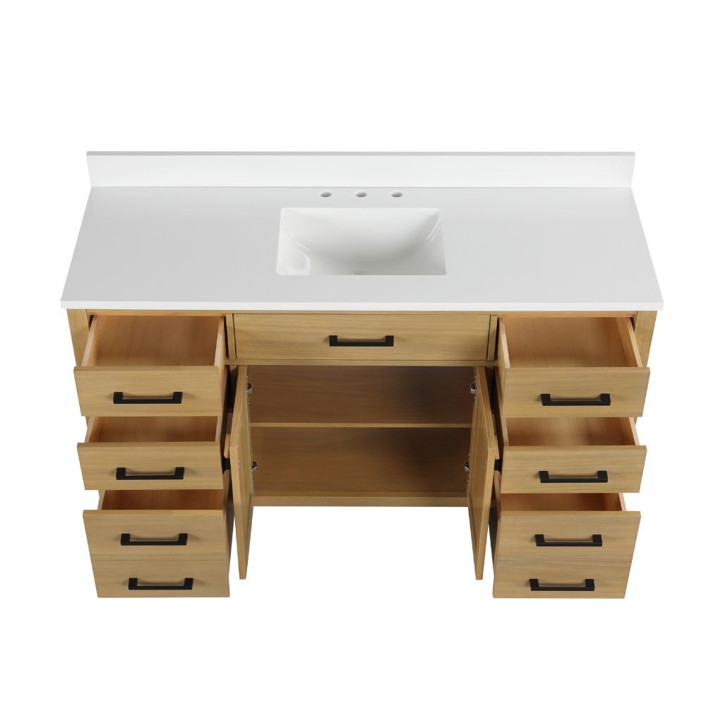 60 Inch Aged Oak Finish Rella Single Sink Bathroom Vanity With White Quartz Top
