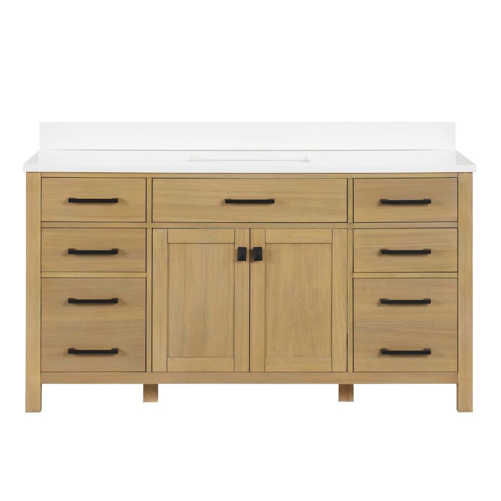 60 Inch Aged Oak Finish Rella Single Sink Bathroom Vanity With White Quartz Top