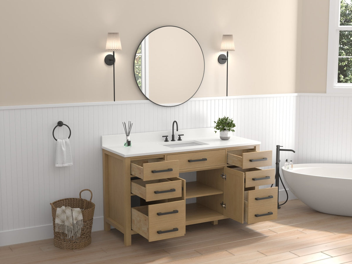60 Inch Aged Oak Finish Rella Single Sink Bathroom Vanity With White Quartz Top