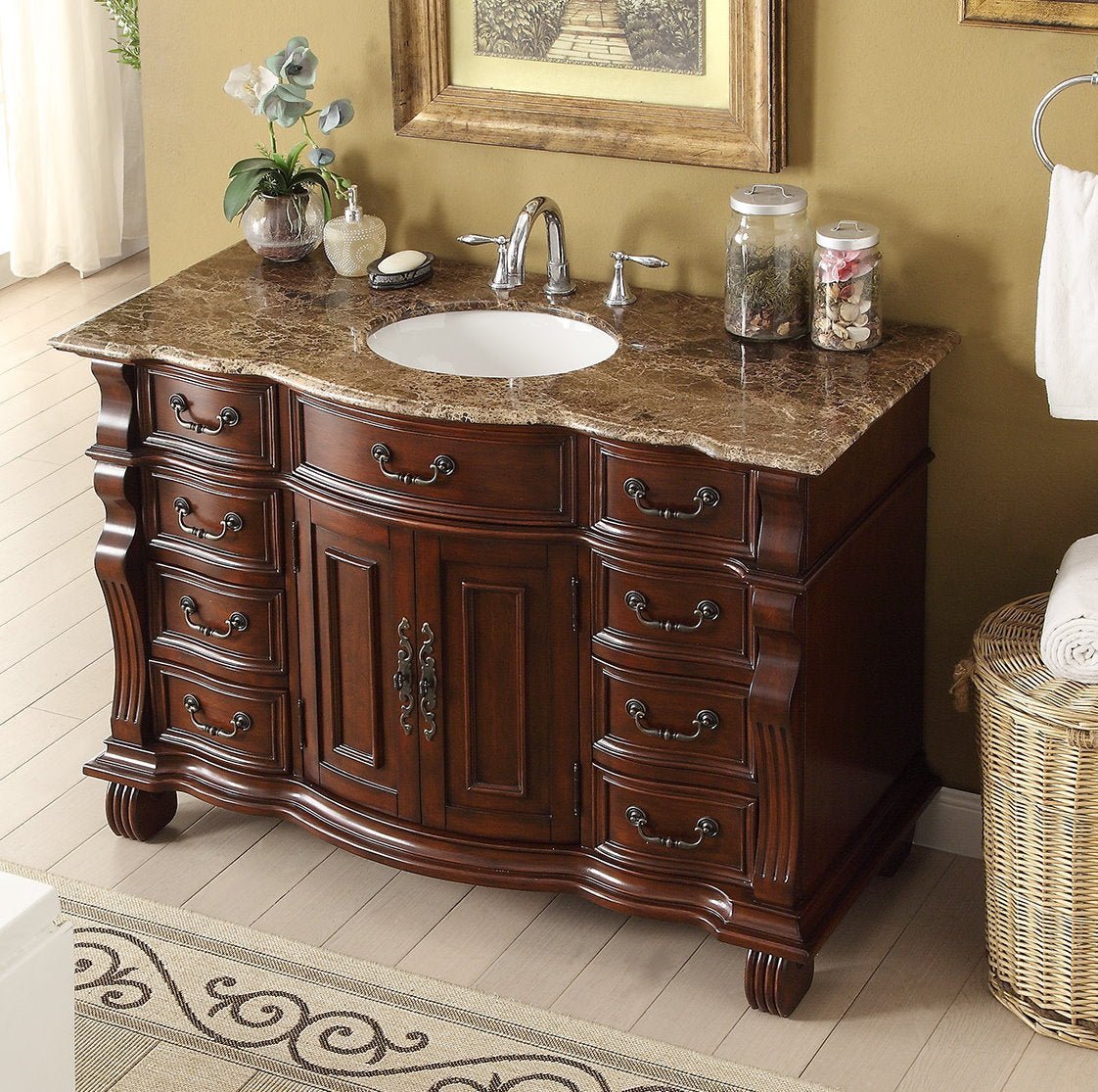 60 inch Antique Style Cherry Wood Hopkinton Bathroom Sink Vanity With Baltic Brown Top
