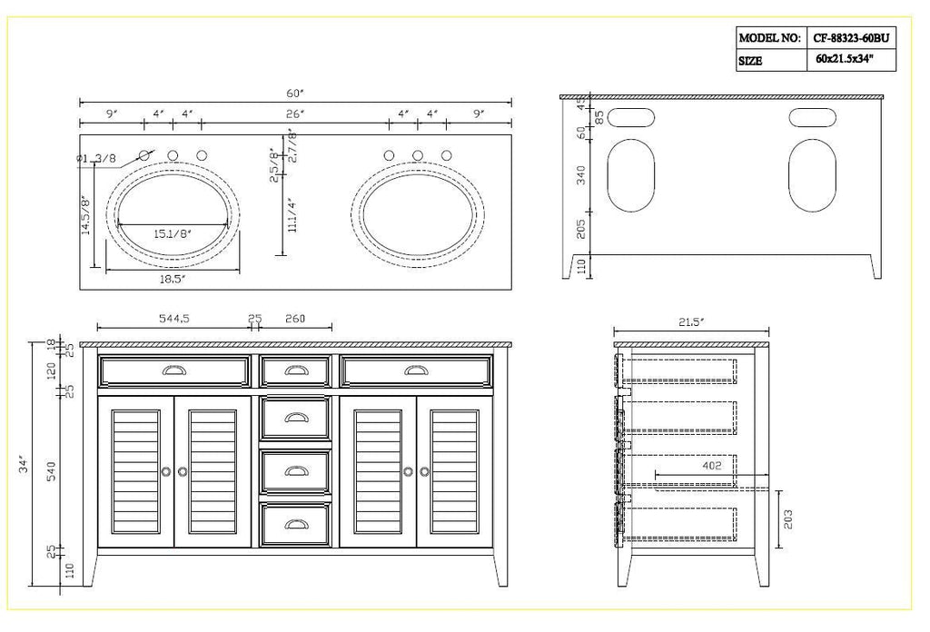 60" inch Benton Collection Abbeville Double Sink Vanity Model