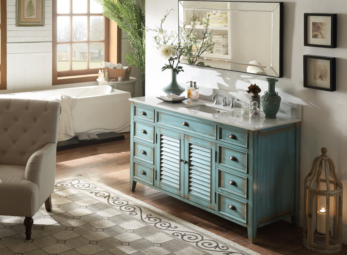 60 inch Abbeville Distressed Blue Single Sink Bathroom Vanity With Marble Top