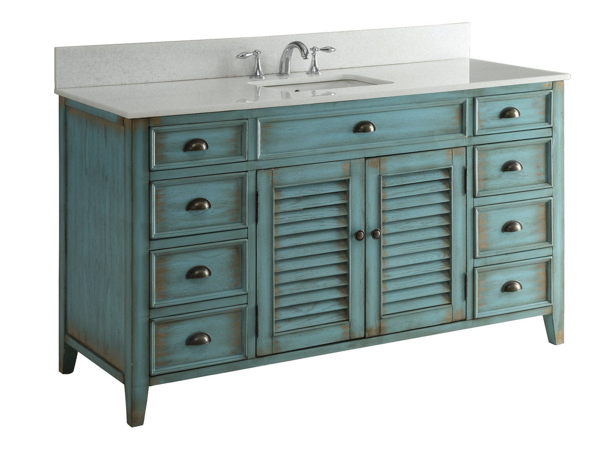 60 inch Abbeville Distressed Blue Single Sink Bathroom Vanity With Marble Top