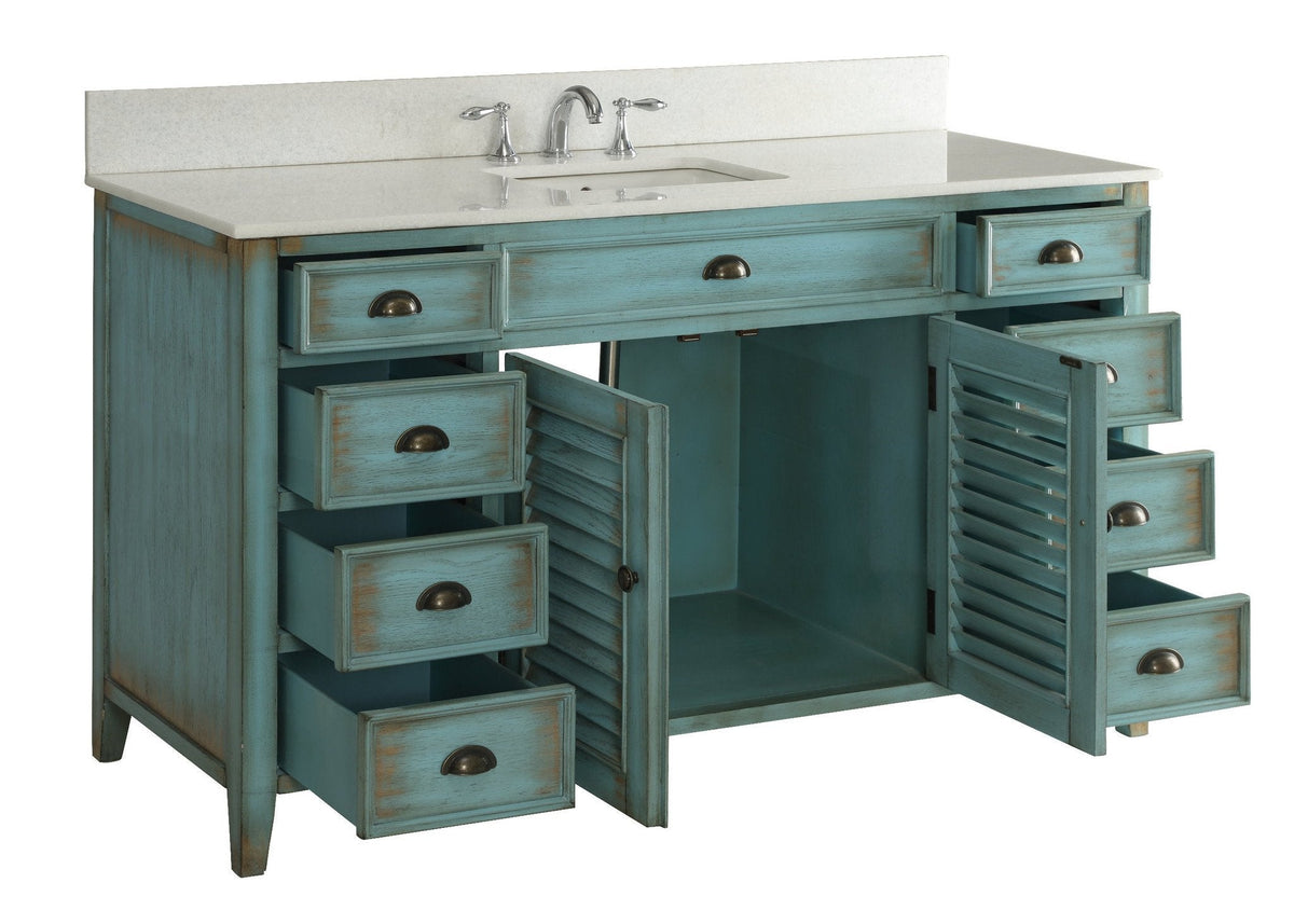 60 inch Abbeville Distressed Blue Single Sink Bathroom Vanity With Marble Top