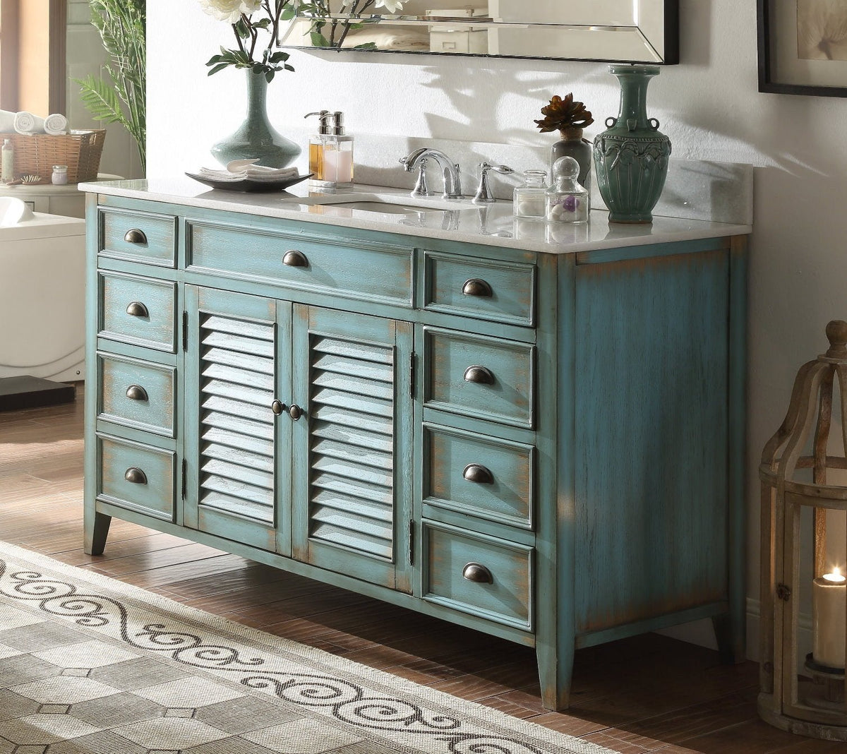 60 inch Abbeville Distressed Blue Single Sink Bathroom Vanity With Marble Top