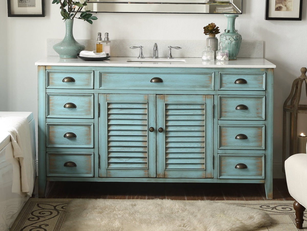 60 inch Abbeville Distressed Blue Single Sink Bathroom Vanity With Marble Top