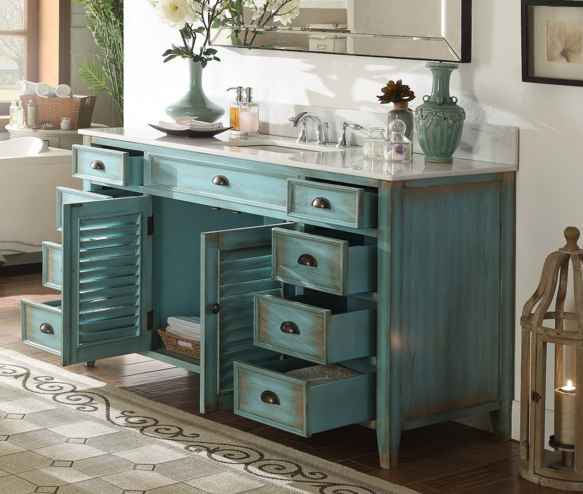 60 inch Abbeville Distressed Blue Single Sink Bathroom Vanity With Marble Top