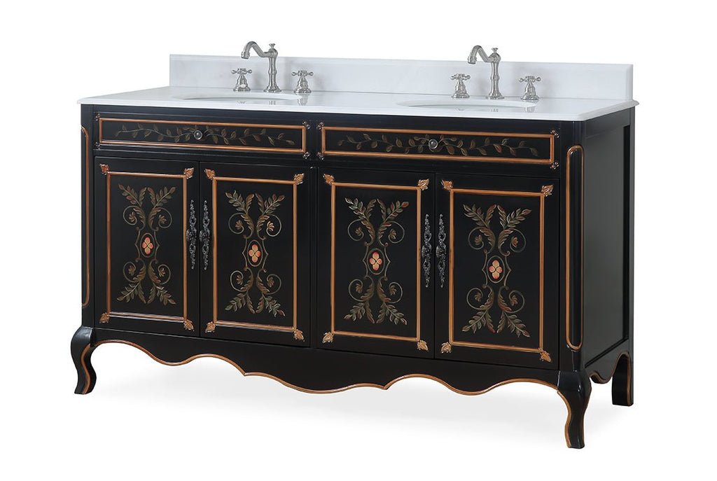 60 Inch Black Hand - Painted Floral Decoroso Double Sink Bathroom Vanity
