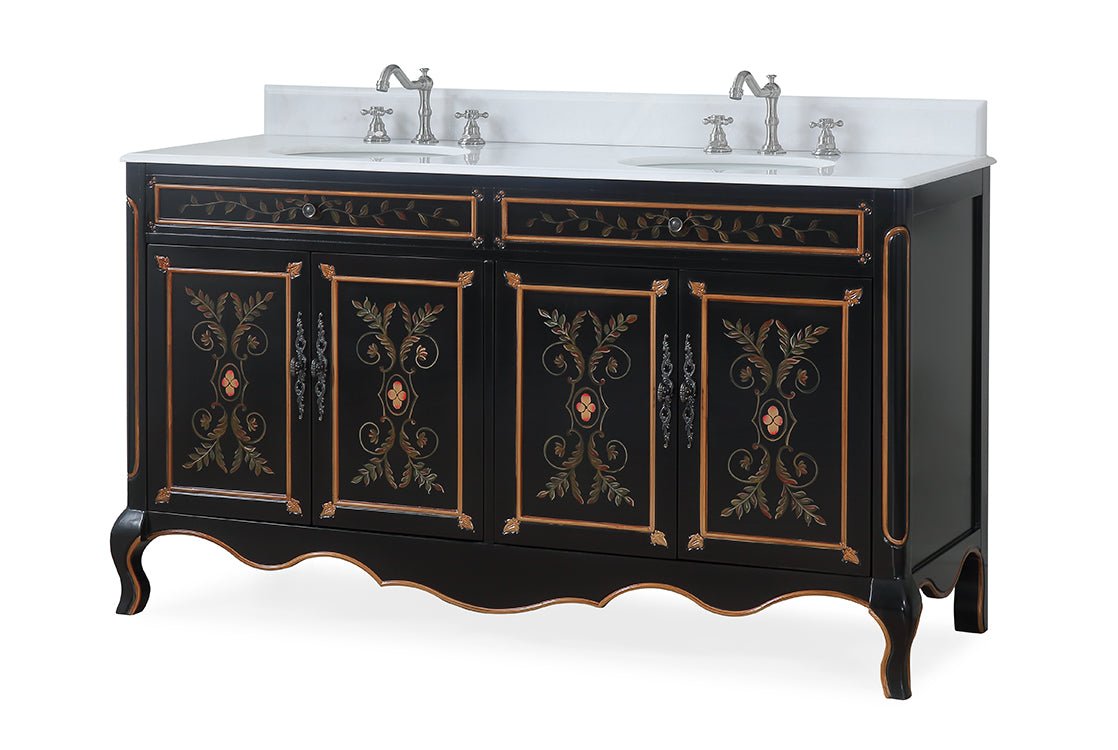 60 Inch Black Hand - Painted Floral Decoroso Double Sink Bathroom Vanity