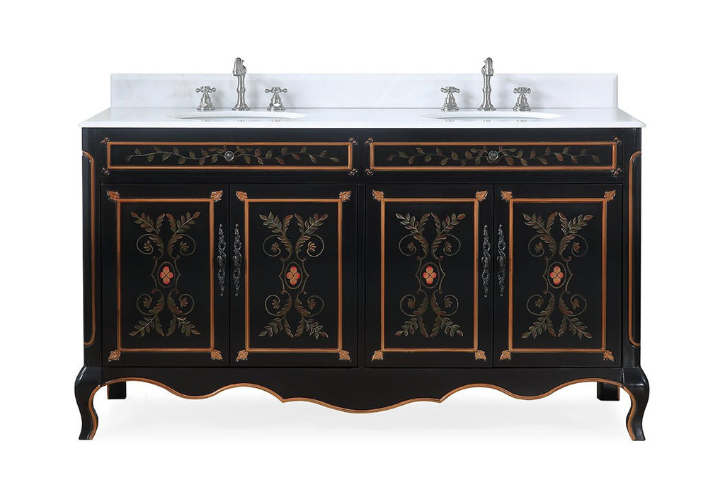 60 Inch Black Hand - Painted Floral Decoroso Double Sink Bathroom Vanity