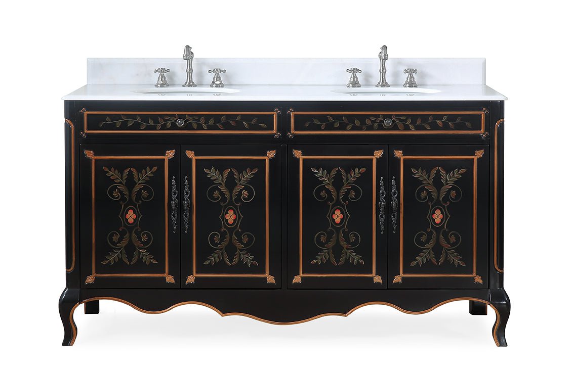 60 Inch Black Hand - Painted Floral Decoroso Double Sink Bathroom Vanity