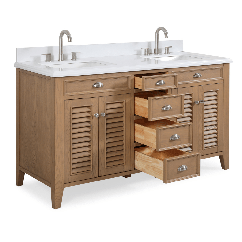 60 Inch Contemporary Style Double Sink Wood Style Kalani Bathroom Vanity With White Quartz Top