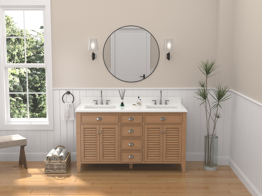 60 Inch Contemporary Style Double Sink Wood Style Kalani Bathroom Vanity With White Quartz Top