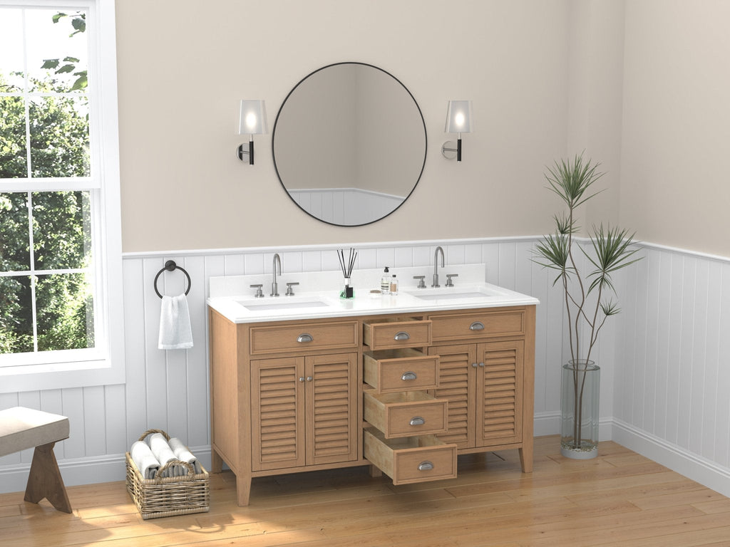60 Inch Contemporary Style Double Sink Wood Style Kalani Bathroom Vanity With White Quartz Top