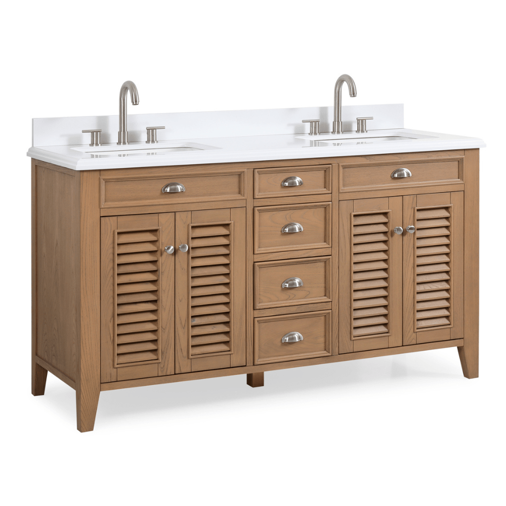 60 Inch Contemporary Style Double Sink Wood Style Kalani Bathroom Vanity With White Quartz Top