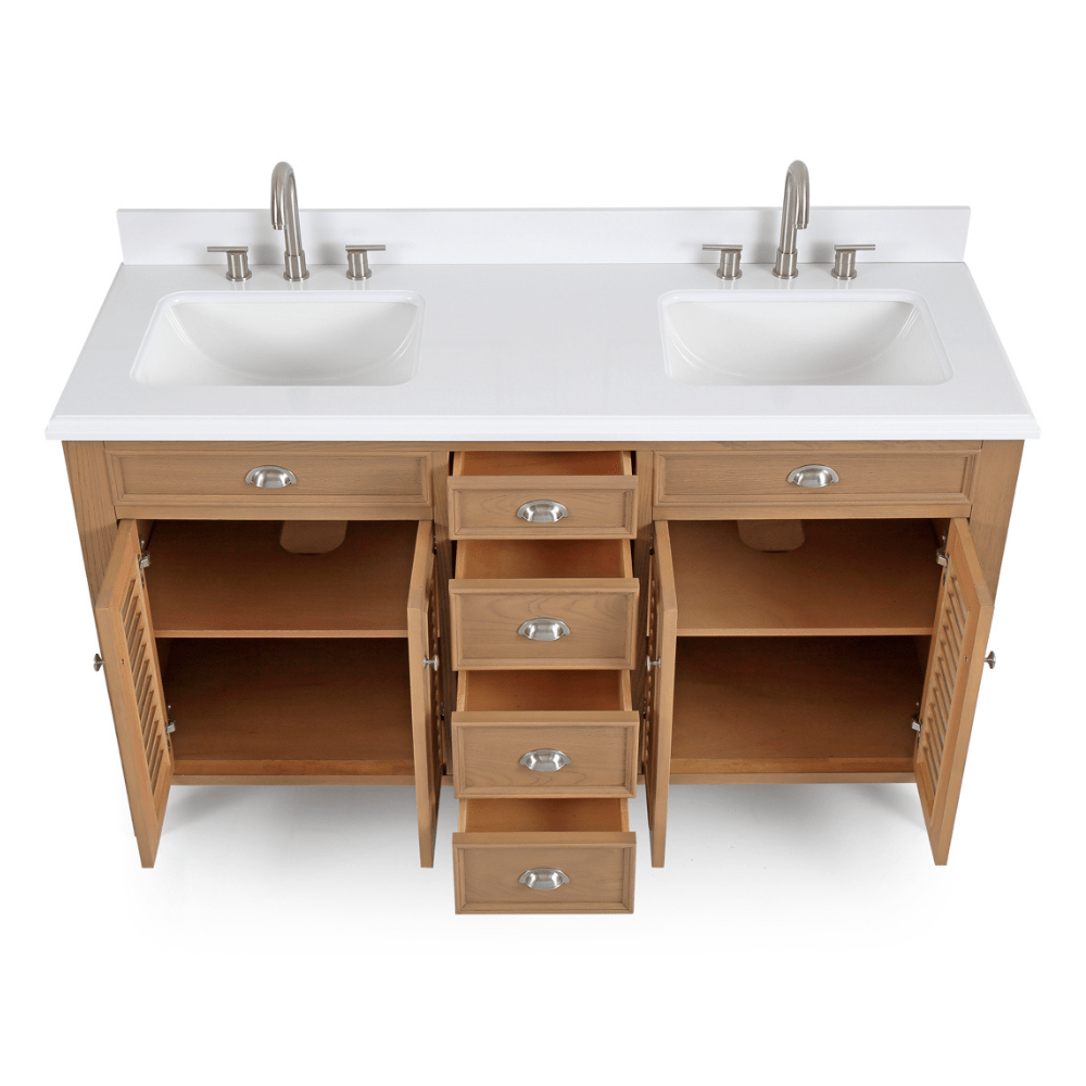 60 Inch Contemporary Style Double Sink Wood Style Kalani Bathroom Vanity With White Quartz Top