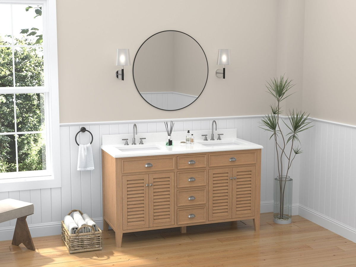 60 Inch Contemporary Style Double Sink Wood Style Kalani Bathroom Vanity With White Quartz Top