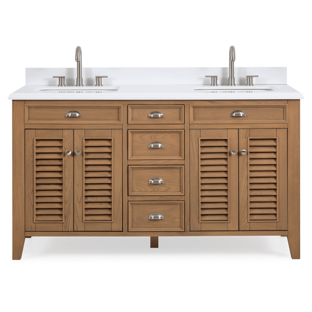 60 Inch Contemporary Style Double Sink Wood Style Kalani Bathroom Vanity With White Quartz Top