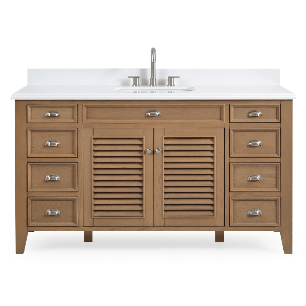 60 Inch Contemporary Style Single Sink Wood Finish Kalani Bathroom Vanity With White Quartz Top