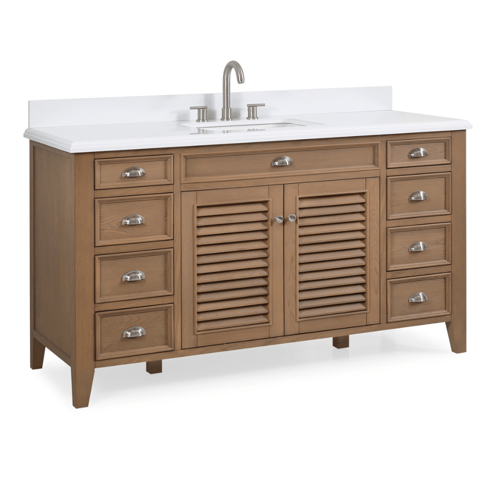 60 Inch Contemporary Style Single Sink Wood Finish Kalani Bathroom Vanity With White Quartz Top