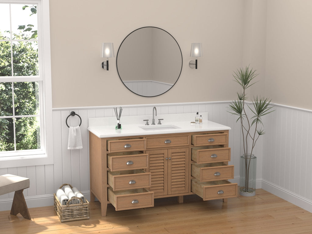 60 Inch Contemporary Style Single Sink Wood Finish Kalani Bathroom Vanity With White Quartz Top