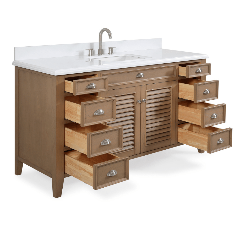 60 Inch Contemporary Style Single Sink Wood Finish Kalani Bathroom Vanity With White Quartz Top