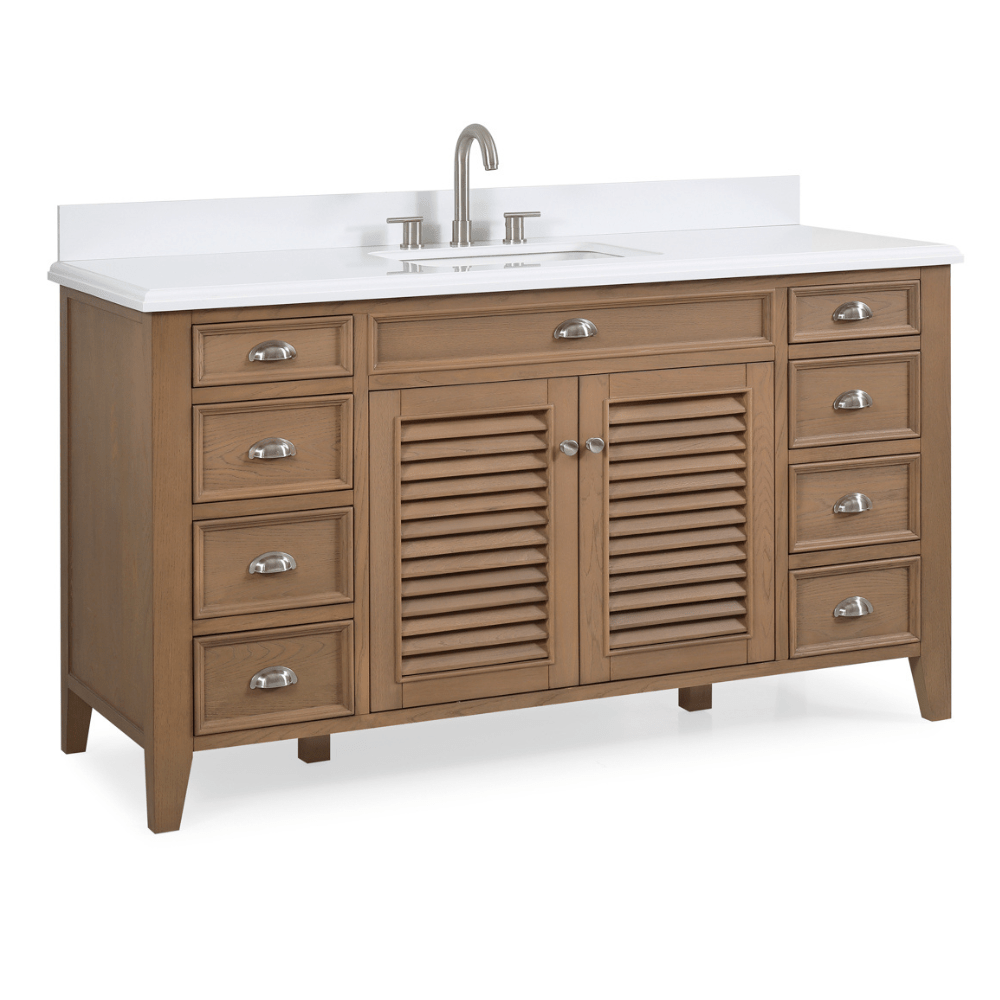 60 Inch Contemporary Style Single Sink Wood Finish Kalani Bathroom Vanity With White Quartz Top