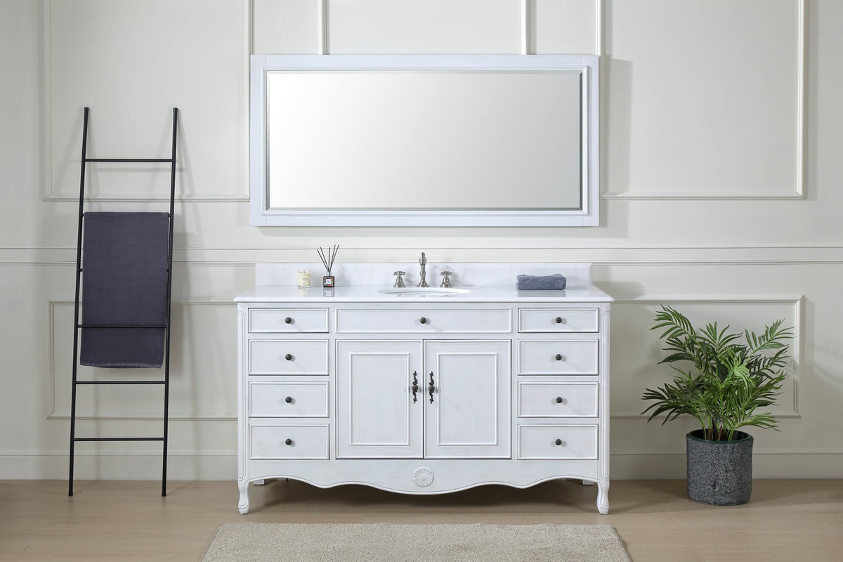 60 Inch Distressed Antique White Single Sink Cottage Style Daleville Bathroom Vanity