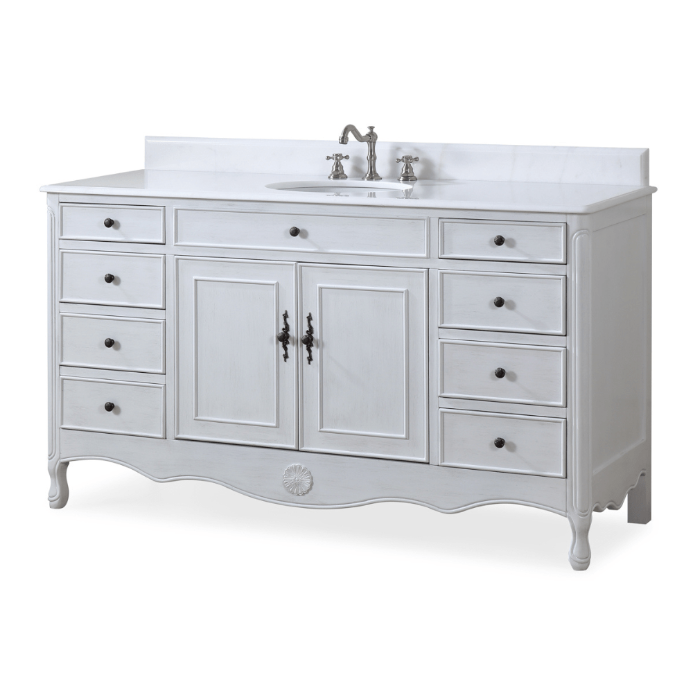 60 Inch Distressed Antique White Single Sink Cottage Style Daleville Bathroom Vanity