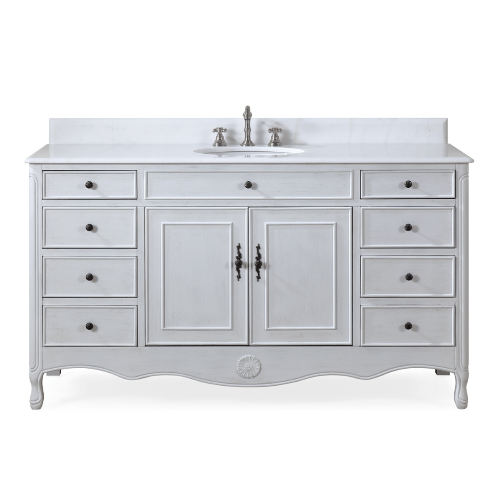 60 Inch Distressed Antique White Single Sink Cottage Style Daleville Bathroom Vanity