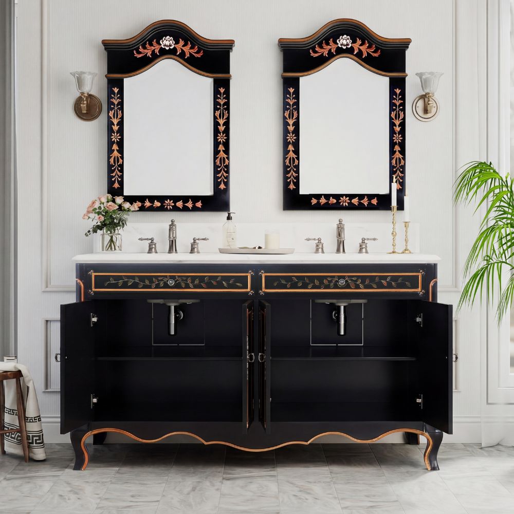 60 Inch Double Sink Bathroom Vanity Decoroso Hand - Painted Floral Design in Black & Gold
