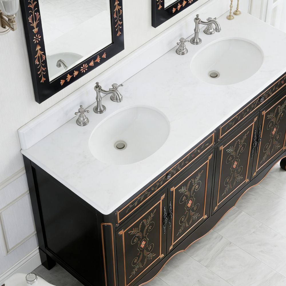 60 Inch Double Sink Bathroom Vanity Decoroso Hand - Painted Floral Design in Black & Gold