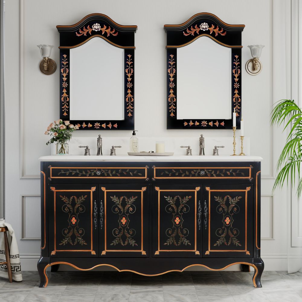 60 Inch Double Sink Bathroom Vanity Decoroso Hand - Painted Floral Design in Black & Gold