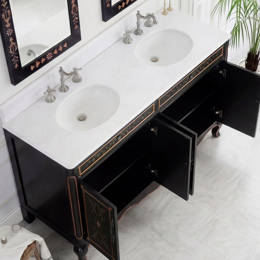 60 Inch Double Sink Bathroom Vanity Decoroso Hand - Painted Floral Design in Black & Gold