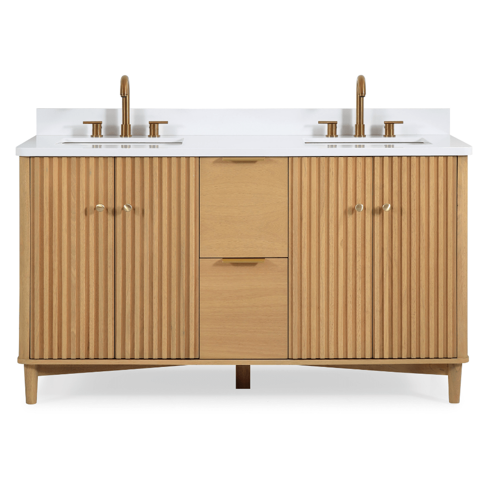 60 Inch Double Sink Wood Finish Odelia Bathroom Vanity With White Quartz Top