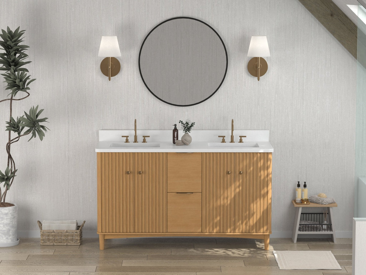 60 Inch Double Sink Wood Finish Odelia Bathroom Vanity With White Quartz Top