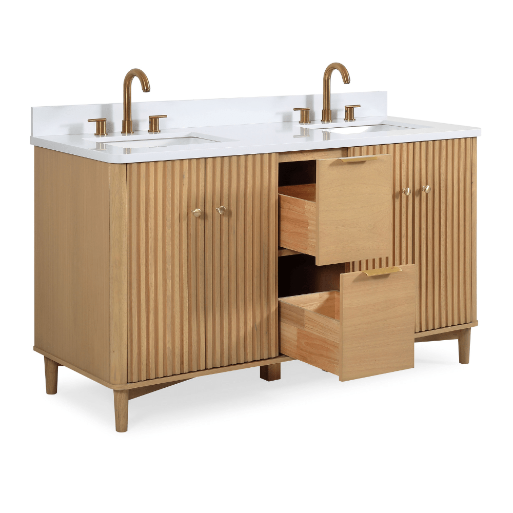 60 Inch Double Sink Wood Finish Odelia Bathroom Vanity With White Quartz Top