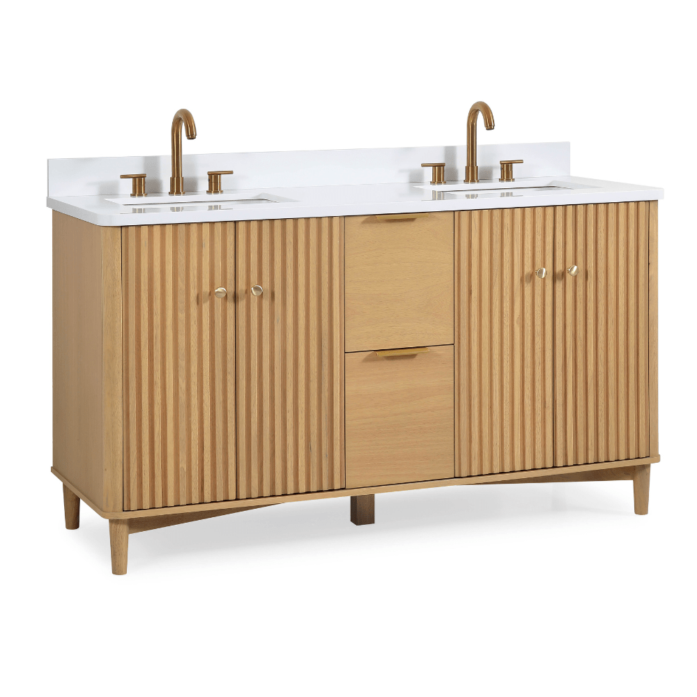 60 Inch Double Sink Wood Finish Odelia Bathroom Vanity With White Quartz Top