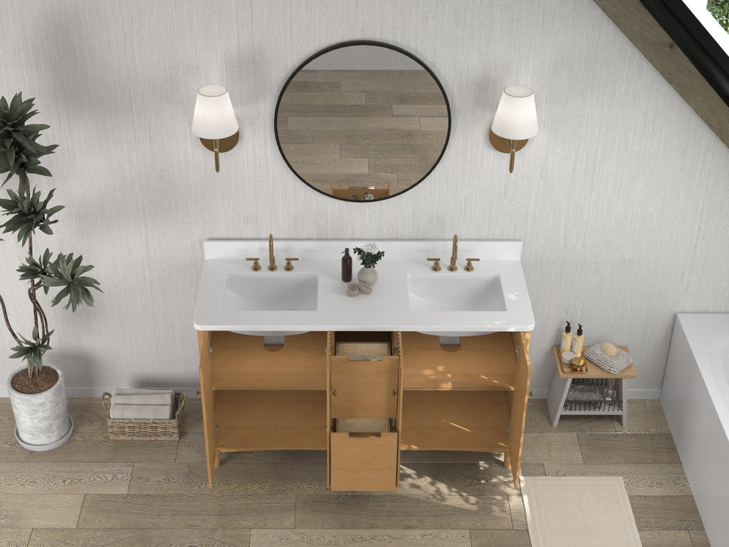 60 Inch Double Sink Wood Finish Odelia Bathroom Vanity With White Quartz Top