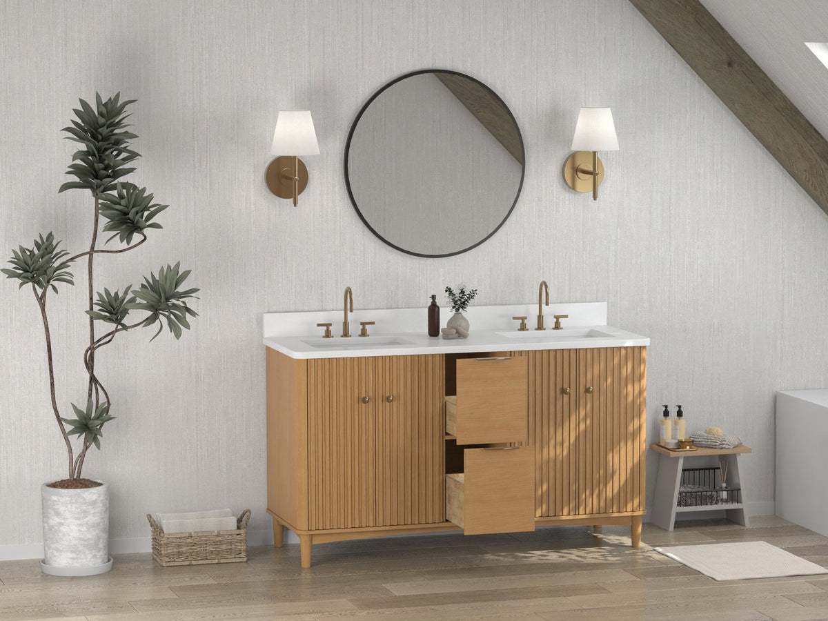 60 Inch Double Sink Wood Finish Odelia Bathroom Vanity With White Quartz Top