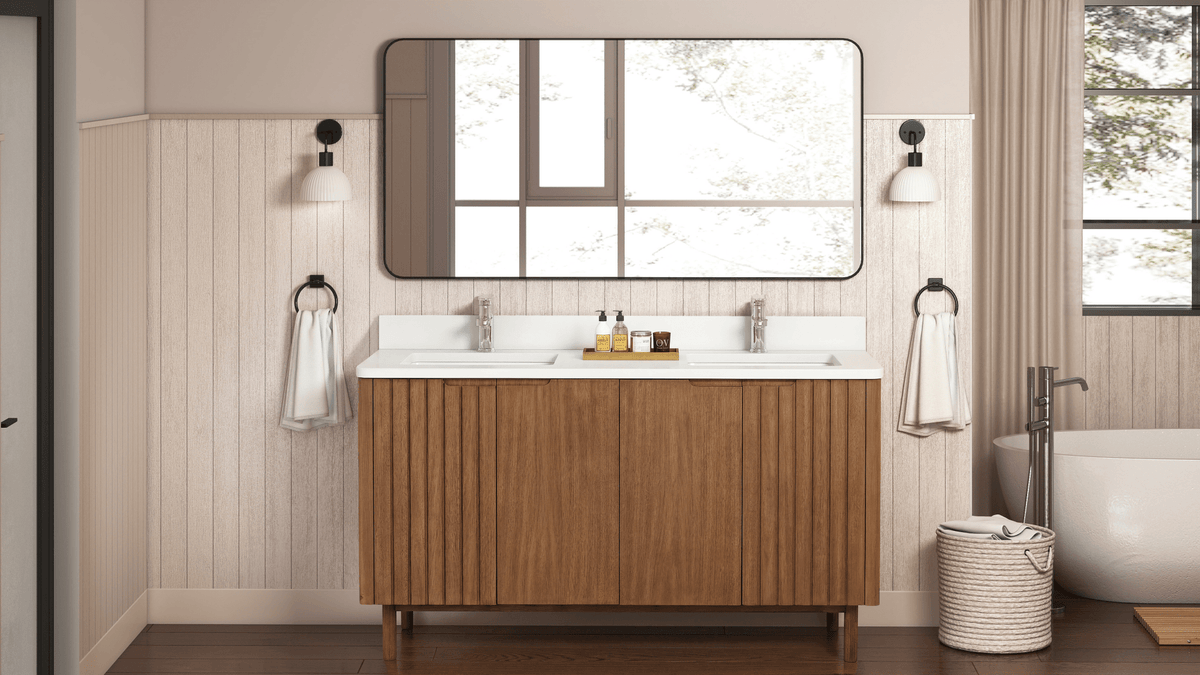 60 Inch Fume Double Sink Mango Warm Oak Brown Finish Bathroom Vanity With White Top